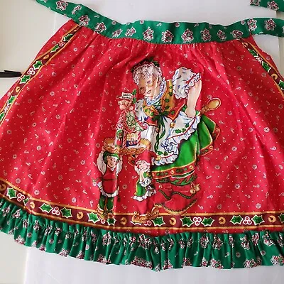 Vtg Mrs Clause Half Apron Christmas Holiday Holly Leaves Red Green Ruffled • $11.99