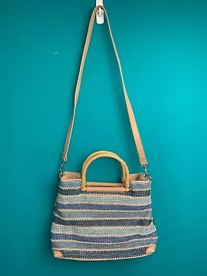 Marlo Blue Striped Faux Straw Handbag Purse Faux Wooden Handles Crossbody  • $12