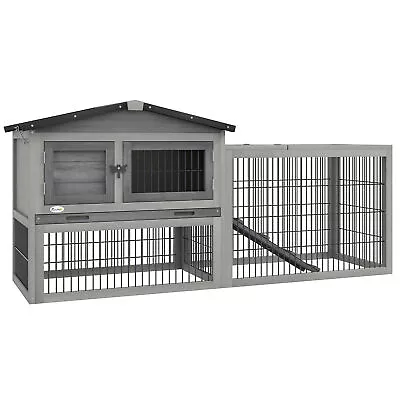 Pawhut Wooden Rabbit Hutch With Run Asphalt Roof Pull-Out Tray Ramp Grey • £99.99