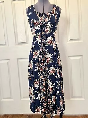 Vintage Starina Corset Dress Rayon Small Navy Floral Lace Up Gusset Long Maxi • $37