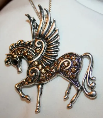 $14.39 • Buy Handsome Sculpt Ambertone Pegasus Horse Greek God Rhinestone Pendant Necklace AA