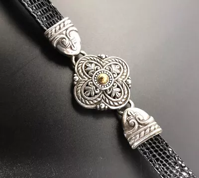 Brighton Vintage Medallion Bracelet Silver Gold Tone Black Leather 1994. #1138 • $21.21