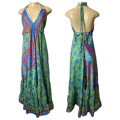 Vtg India Floral Silk Blend Dress Ethnic Festival Lounge Coverup Maxi SZ M/L • $34