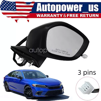 Fit Honda Civic 2022 2023 3 Pins Power Adjust Black Mirror Right Passenger Side • $49.49