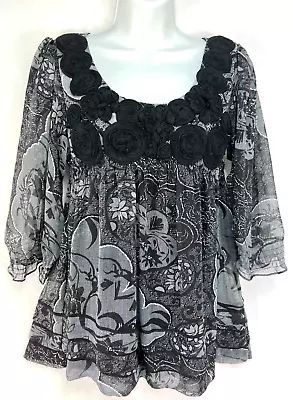 ECI NEW YORK Sheer Peasant Boho Blouse 6 Scoop Neck Black/White Lined AS IS • $7.99