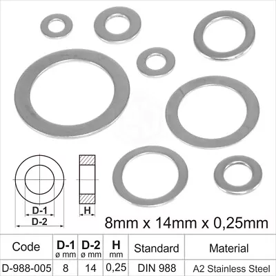 A2 Stainless Steel Shim Washers Flat Shims Thick 0.1 0.2 0.25 0.5 1 2mm DIN 988 • £3.19