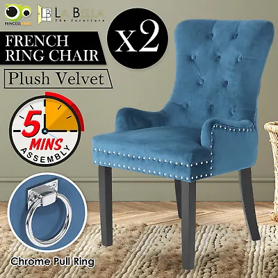 $289 • Buy 2X Dining Chair French Provincial Ring Studded Velvet Rubberwood LISSE - NAVY BU