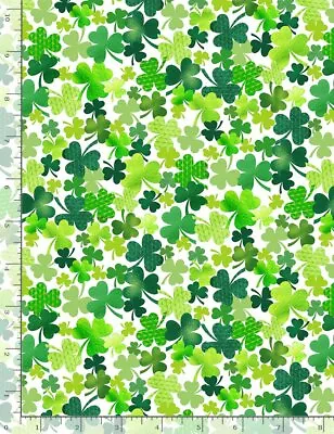 St Patrick's Day Fabric | Clover Shamrock Toss On White Timeless Treasures YARD • $10.98