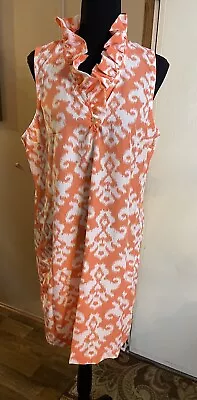 MudPie Women Large Orange & White Ruffled Neck Sleeveless Dress • $12.99