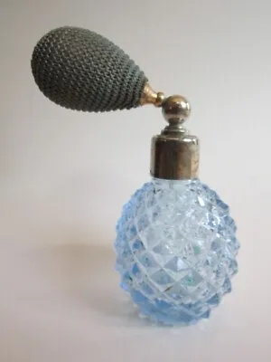 Vintage Blue Diamond Pattern Perfume Atomizer Glass Fragrance Bottle W/ Bulb • $18.97