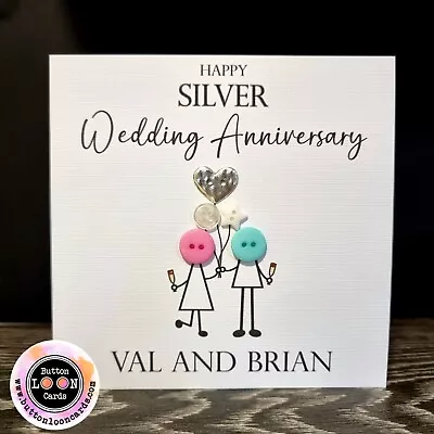 Handmade & Personalised Button Card - Silver Wedding Anniversary 25th 25 Years • £3.85