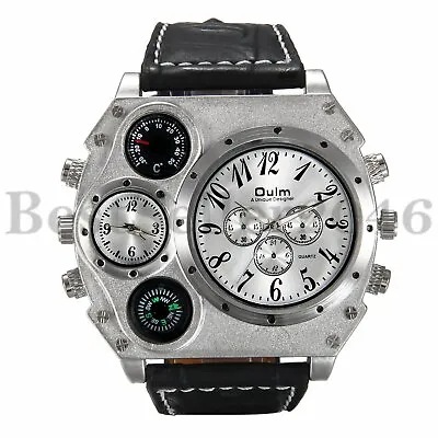 Military Men's Dual Time Zone Multi-Dial Leather Band Quartz Analog Wrist Watch • $17.99
