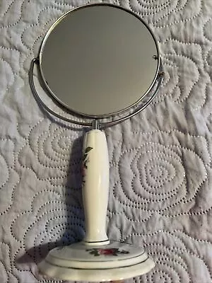 Vintage Moss Rose Vanity Mirror Porcelain Floral Tabletop 2Sided Rotates Magnif • $25