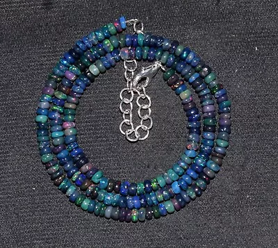 AAA Natural Ethiopian Welo Fire Black Opal Beads Necklace 925 Silver 16''Gemstoe • $19.99