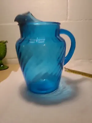Vintage Blue Glass Pitcher With Ice Guard Anchor Hocking -   Moroccan Swirl  • $10
