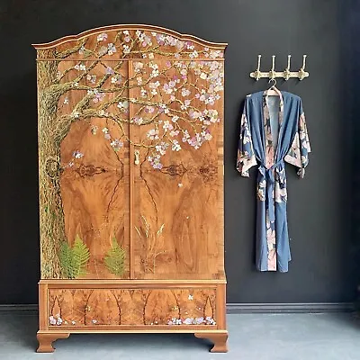 Walnut Wardrobe Botanical Art Queen Anne Armoire French Armoire Art Deco • £1950