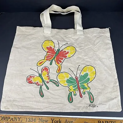 Vintage 70s Mod Tote Bag Canvas Shop Grocery Lunch Butterfly Nikki Medium Thick • $13.47