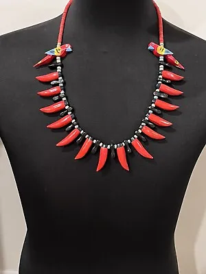 1960's Wooden Red Parrot Macaw And Chili Pepper Black Wood Beads Necklace VTG • $34.99