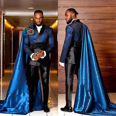 Men's Royal Satin Suits Jacket With Long Cape Fashion Formal Party Wear 3 Pieces • $119.99