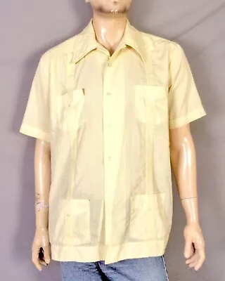 Vintage 60s Vic Vic Yellow Guayabera Shirt Mexican Wedding Cuban Cigar SZ XL • $32.58