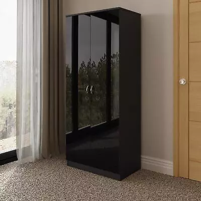 Black High Gloss 2 Door Double Wardrobe. Bedroom Furniture Matt Black Frame • £149.99