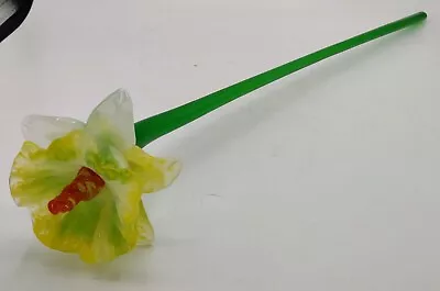 Handblown Murano Style Art Glass Long Stem Flower Daffodil Yellow Green Red 20  • $20