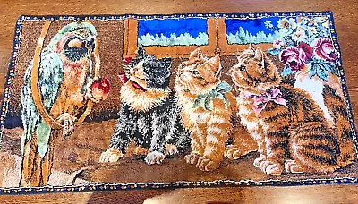Kitty Cats Parrot Vtg 37 X 20.5” Tapestry Wall Hanging Art Decor Kittens • $40