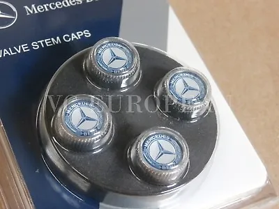 Mercedes-Benz Genuine Tire Valve Stem Cap Set Laurel Blue On Silver Caps OEM  • $19.99