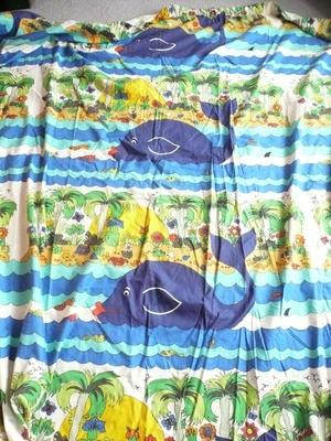 £45 • Buy Vintage Curtains Material Retro Graphic 70's Fun Fish Upcycle 106 X 82 In