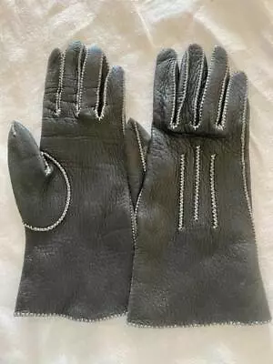 Vintage BLACK Leather GLOVES Sz 7 W Sueded Inside WHITE Accent Stitches SOFT • $15