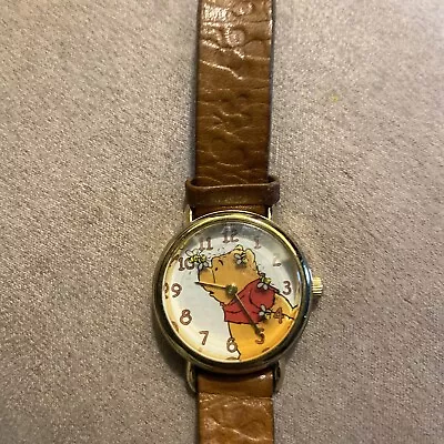 Vintage Timex Winnie The Pooh Watch Women Gold Tone Round Leather Straps • $8.35