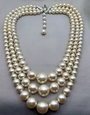 Vintage Japan Faux Pearl Necklace 3 Strand Graduated Silver Tone Adjustable • $17.99