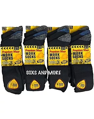 12 Pairs Mens Cotton Heavy Duty Thick Work Boot Socks * Size Uk 6-11 • Eu 40-45  • £14.99