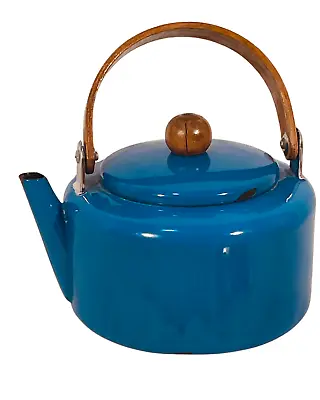 Blue Enamel Metal Teapot Kettle Teak Wood D Handle & Knob MCM Danish Style 8 Cup • £43.42