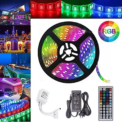 5050 RGB LED Strip Lights Waterproof 16.4ft-5m 12V 44key Remote Control Adapter • $32.49