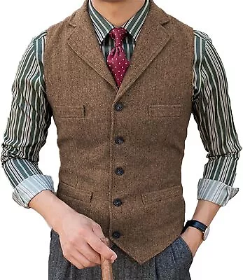 Men's Tweed Suit Vintage Vest Herringbone Wool Prom Waistcoat Groomsmen • $51.65