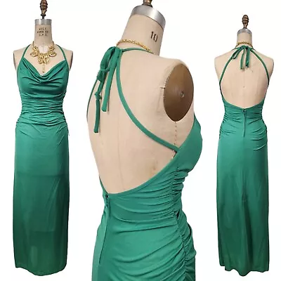Vtg 70s Prom Dress XS/S Green Maxi Grecian Halter Ruched Draped Crepe Gown New • $74.99