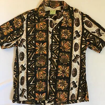 Vtg. Ui-Maikai Mens Hawaiian Multicolor Tiki Drums Mask Floral S/S Shirt Large L • $36