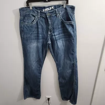Helix Jeans Mens 36x32 Blue Slim Boot Denim Biker Motorcycle Embroidered Pockets • $16.18