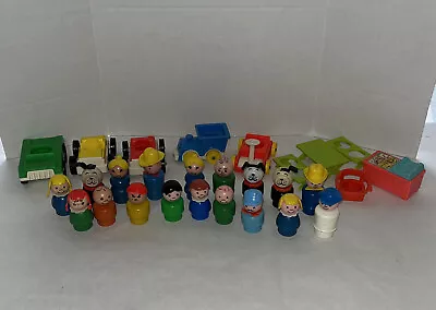 Vtg Fisher Price Little People Lot Of 18 Figures Wood Plastic Furniture Cars • $35