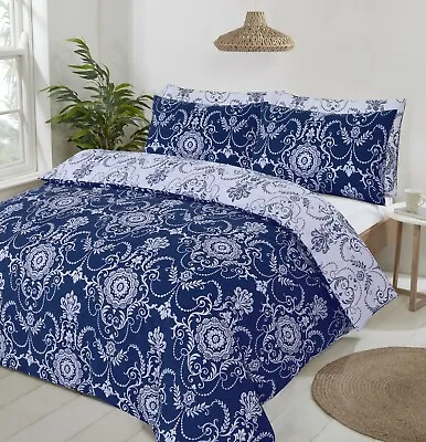 NightComfort Damask Pattern Baroque Print Duvet Cover Set With Pillowcase Blue • £16