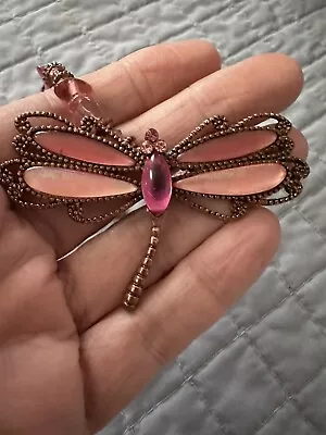 Vintage Copper Tone & Pink Bead & Cabochon Dragonfly Necklace 19.5” • $14.40