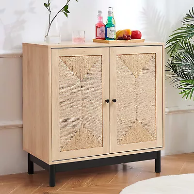 Oak Wooden Sideboard Straw Woven 2 Door Buffet Cupboard Display Cabinet Hallway • £89.95