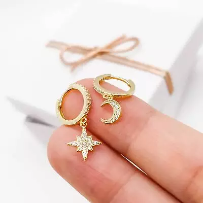 Star Moon Hoop Earrings | CZ Sterling Silver And Gold Mismatched Northstar • $26.75