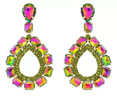 Extra Large Green Purple AB Crystal Chandelier Earrings Gold Drag Queen Pageant • $14.99