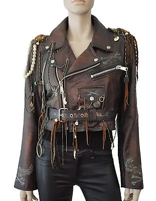 VINTAGE 80s Upcycled LEATHER BIKER Jacket Paint Chains Stencil Charm Fur Coin L • $476