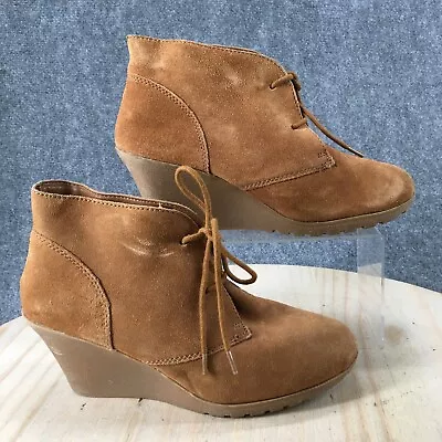 Merona Boots Womens 10 Kedence Ankle Booties Wedge Heels Brown Leather Lace Up • $29.99