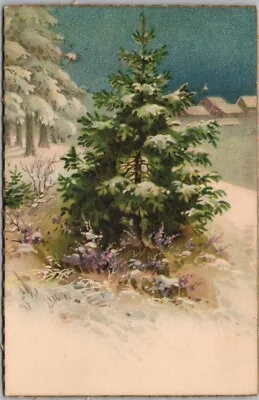 Vintage 1910s CHRISTMAS Greeting Card / Postcard Xmas Tree / Houses - Blank Back • $5.25