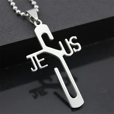 Jesus Name Cross Pendant Necklace Womens Mens Stainless Steel Christian Silver • $5