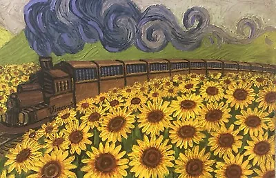 Train In A Sunflower Field By Vincent Van Gogh Signed Painting Oil On Canvas • $14000